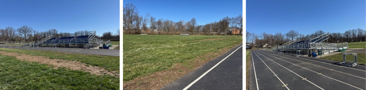 photos show patches and rough surfaces on the Nagel football field, in addition to the asphalt track and bleachers